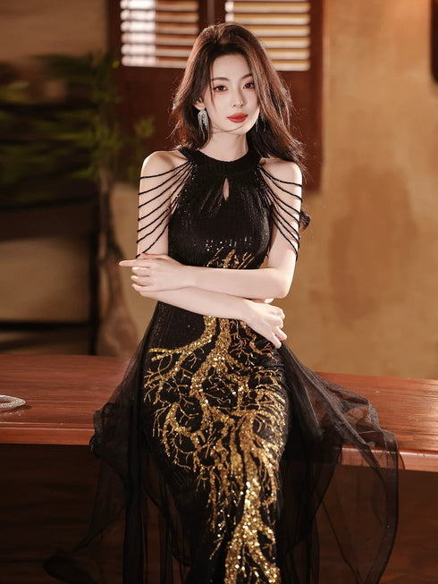 Black Sequins Halter Beaded Floor Length Party Dress, Black Sequins Long Prom Dress